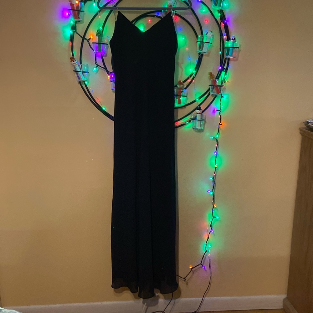 Dove and Johnny black dress. Crystal straps. Dipped back. Made in USA.